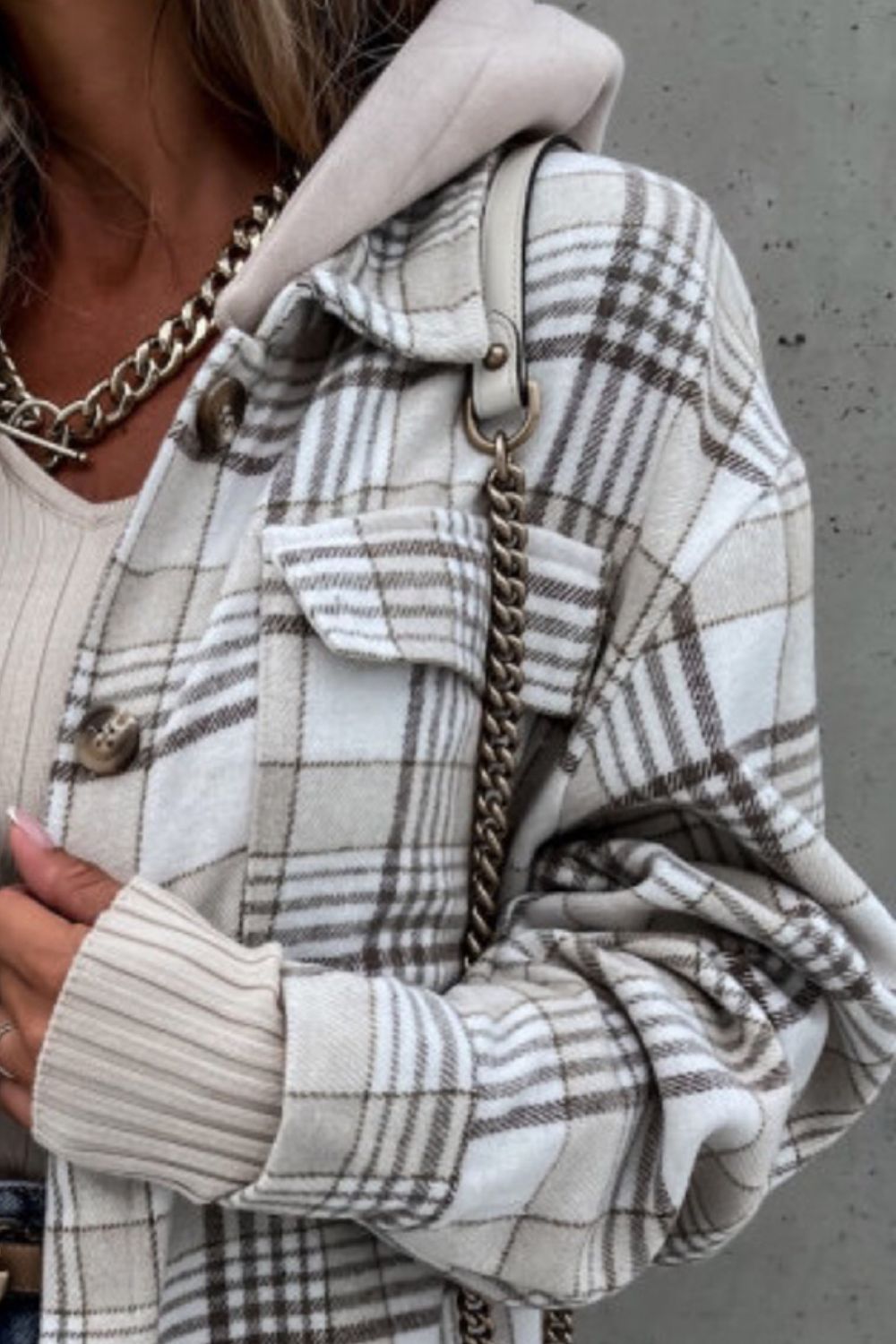 Plaid Button Up Jacket with Removable Hood - Aurelia Clothing