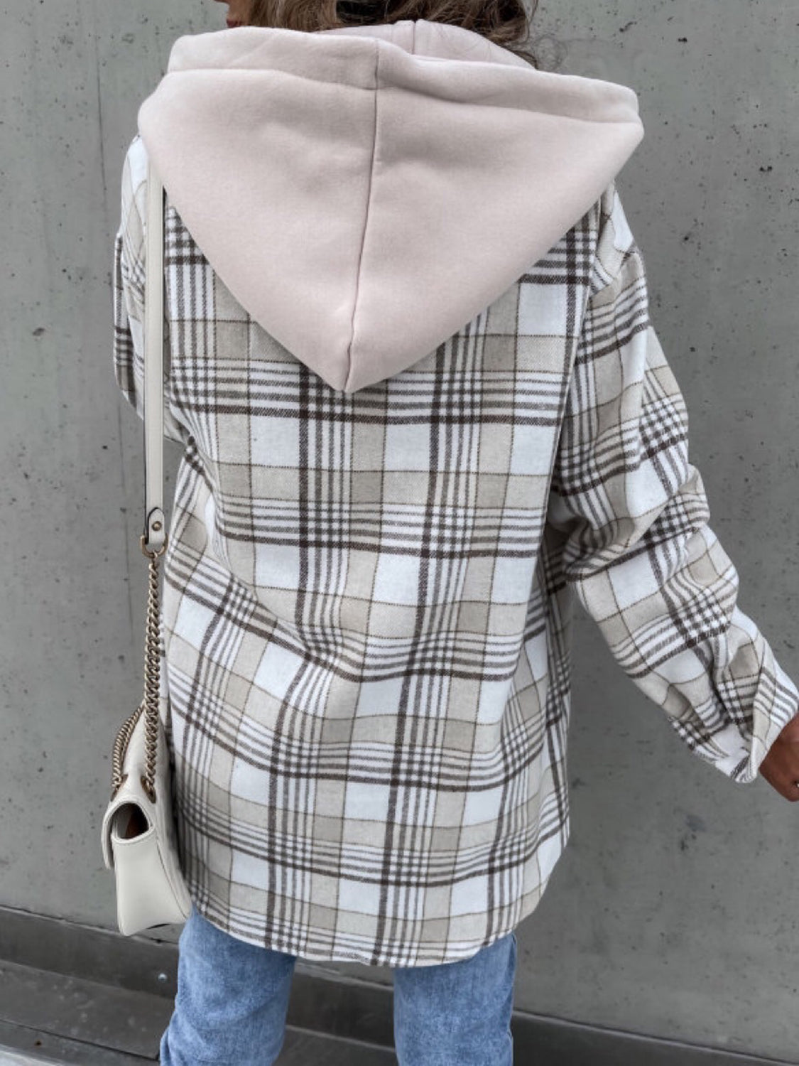 Plaid Button Up Jacket with Removable Hood - Aurelia Clothing