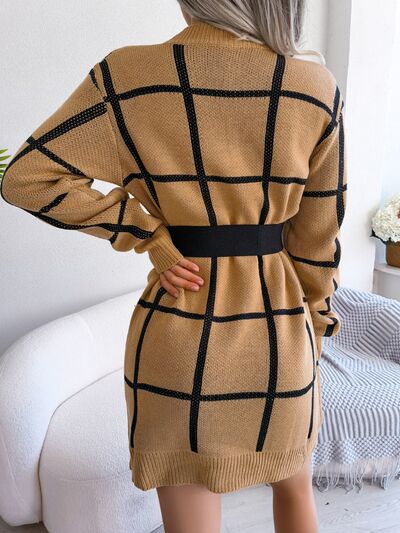 Plaid Round Neck Dropped Shoulder Sweater Dress - Aurelia Clothing