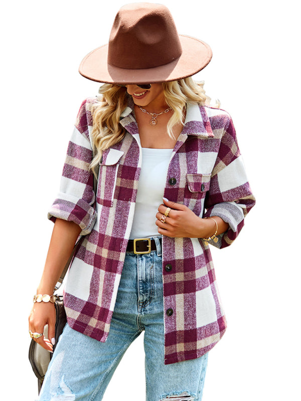 Plaid long sleeve shirt casual coat-Free Shipping - Aurelia Clothing
