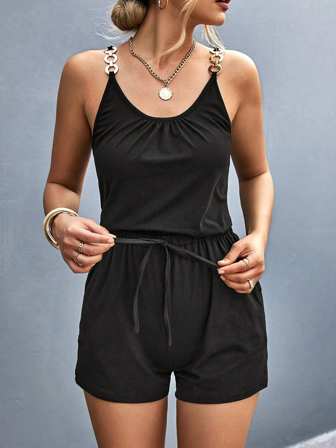 Pocketed Buckle Trim Scoop Neck Romper - Aurelia Clothing
