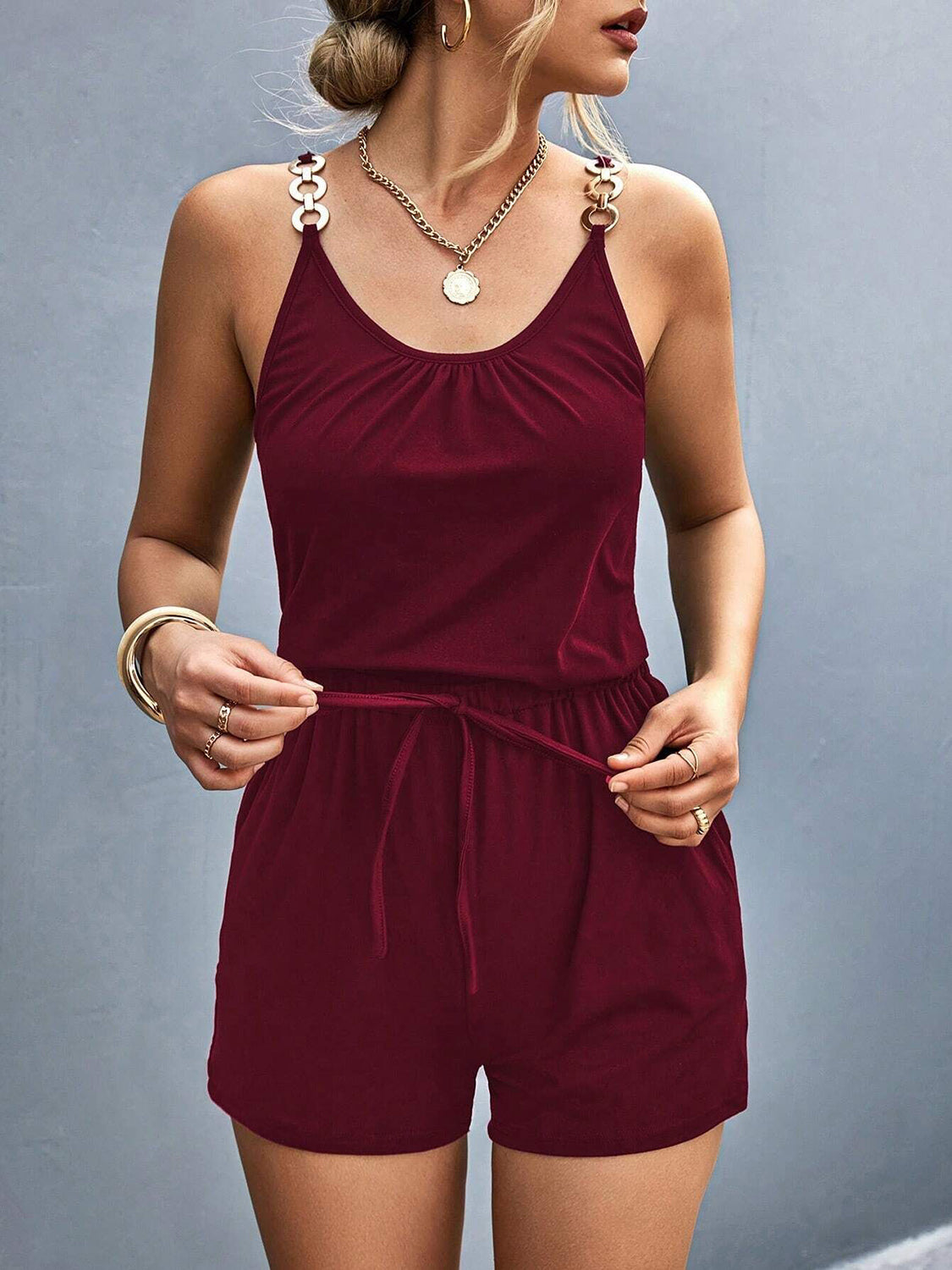 Pocketed Buckle Trim Scoop Neck Romper - Aurelia Clothing