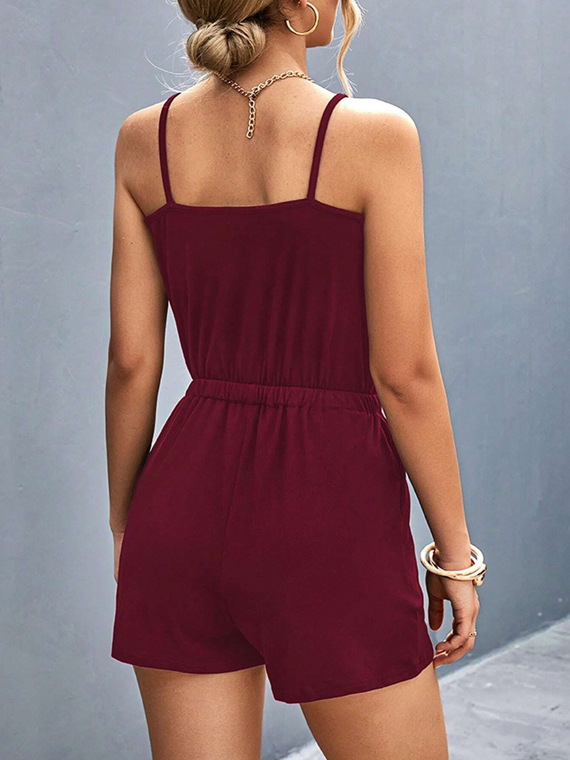 Pocketed Buckle Trim Scoop Neck Romper - Aurelia Clothing