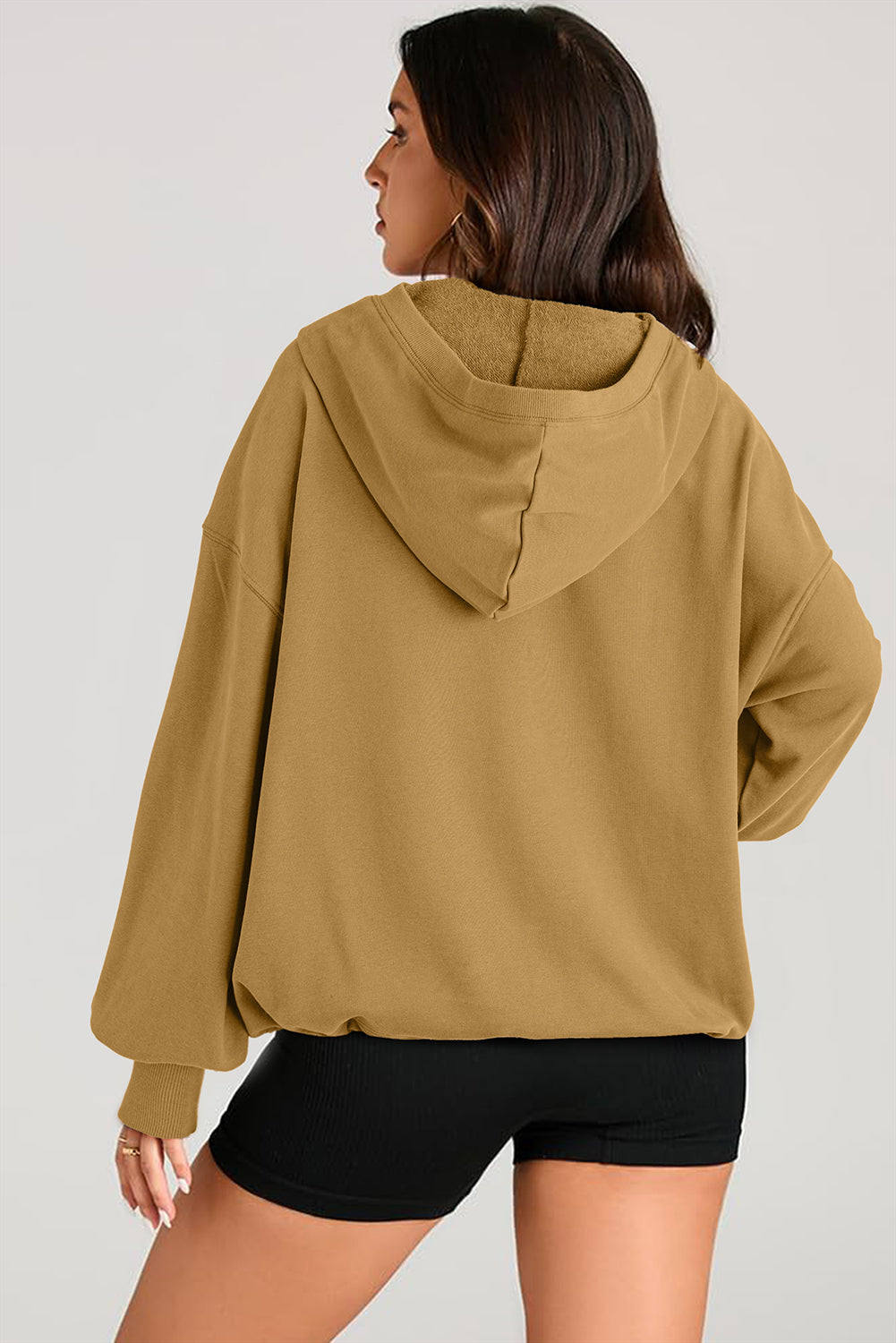 Pocketed Half Zip Long Sleeve Hoodie - Aurelia Clothing
