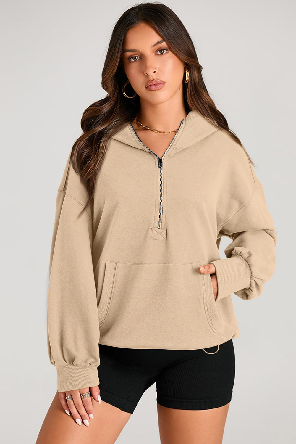 Pocketed Half Zip Long Sleeve Hoodie - Aurelia Clothing