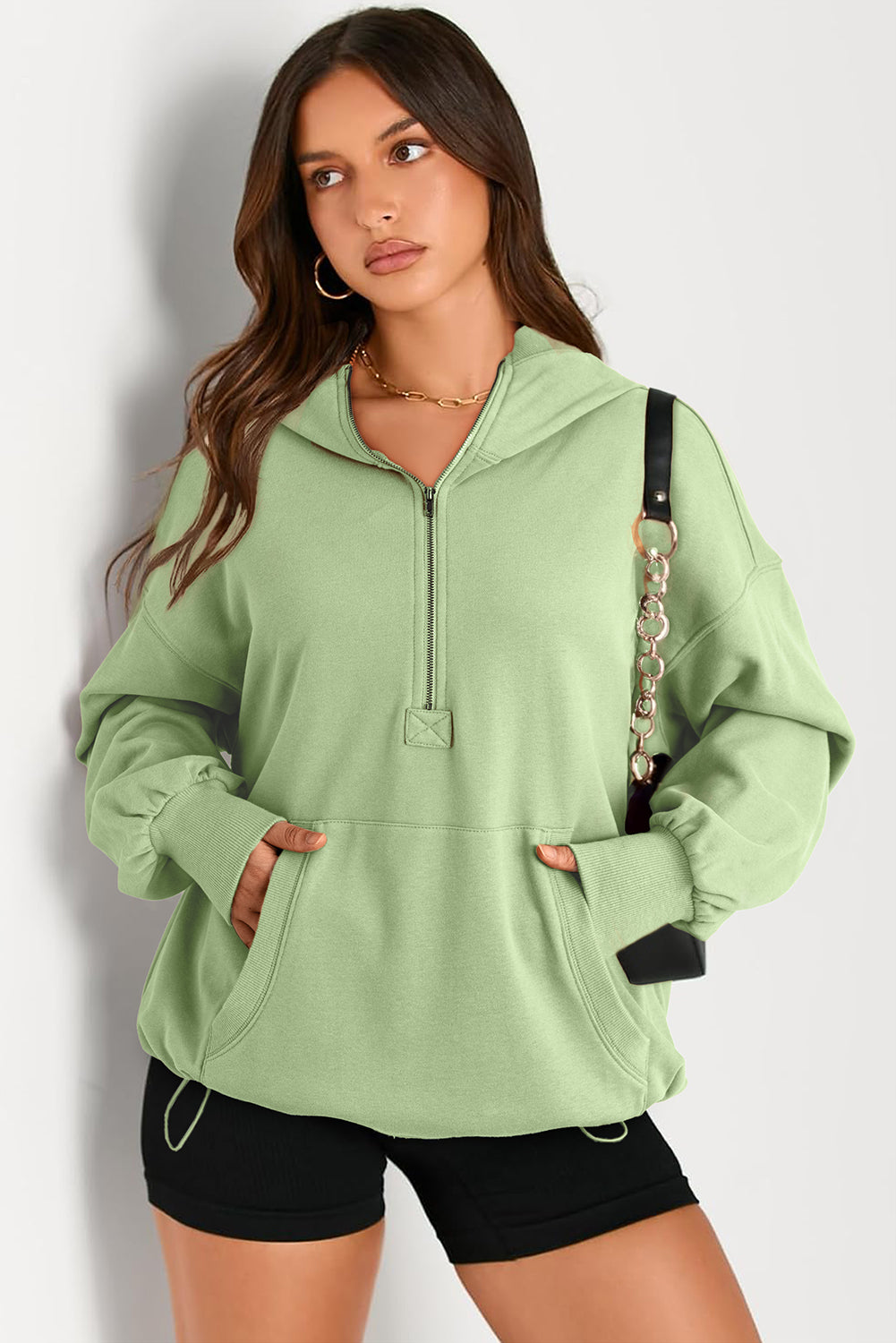 Pocketed Half Zip Long Sleeve Hoodie - Aurelia Clothing