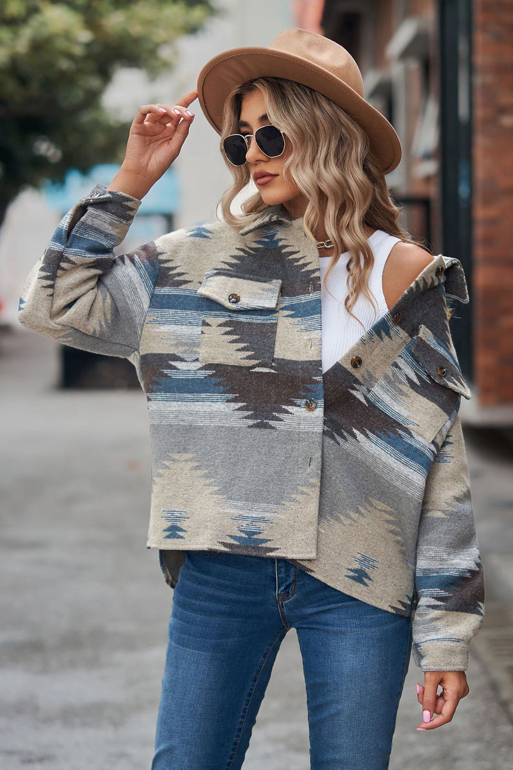 Printed Collared Neck Jacket - Aurelia Clothing