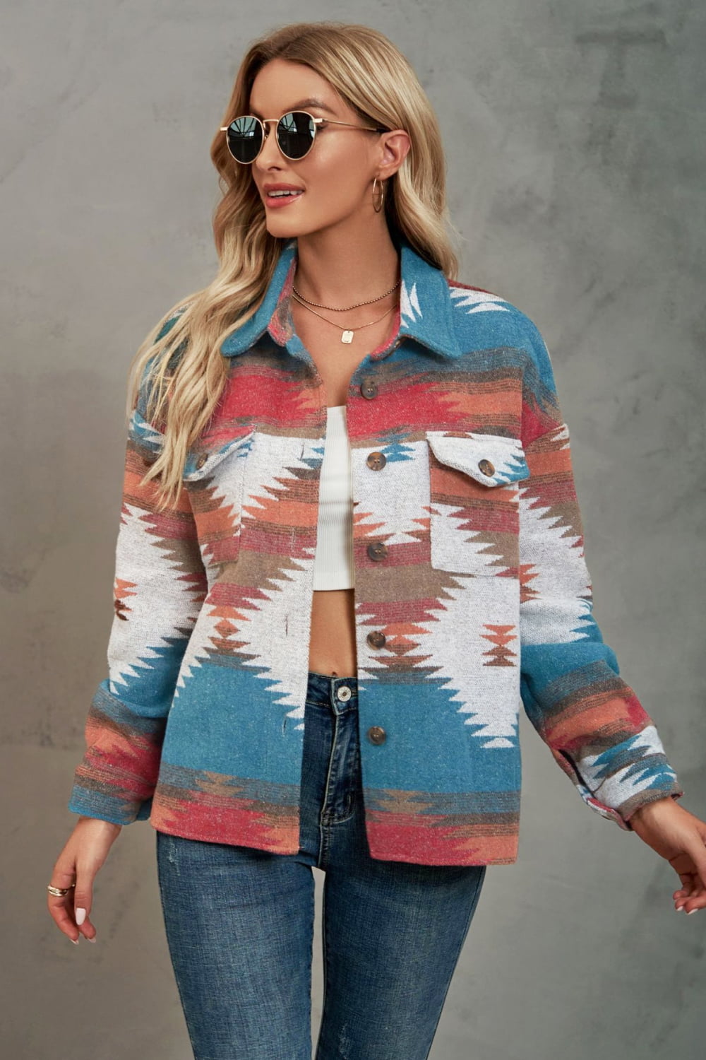 Printed Collared Neck Jacket - Aurelia Clothing