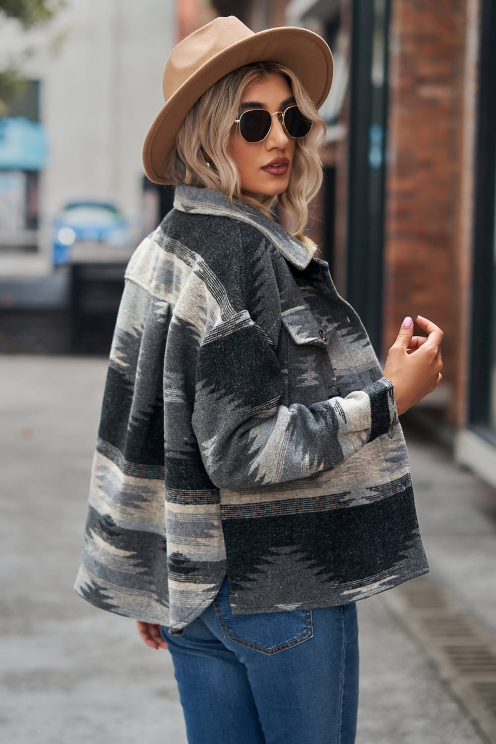 Printed Collared Neck Jacket - Aurelia Clothing