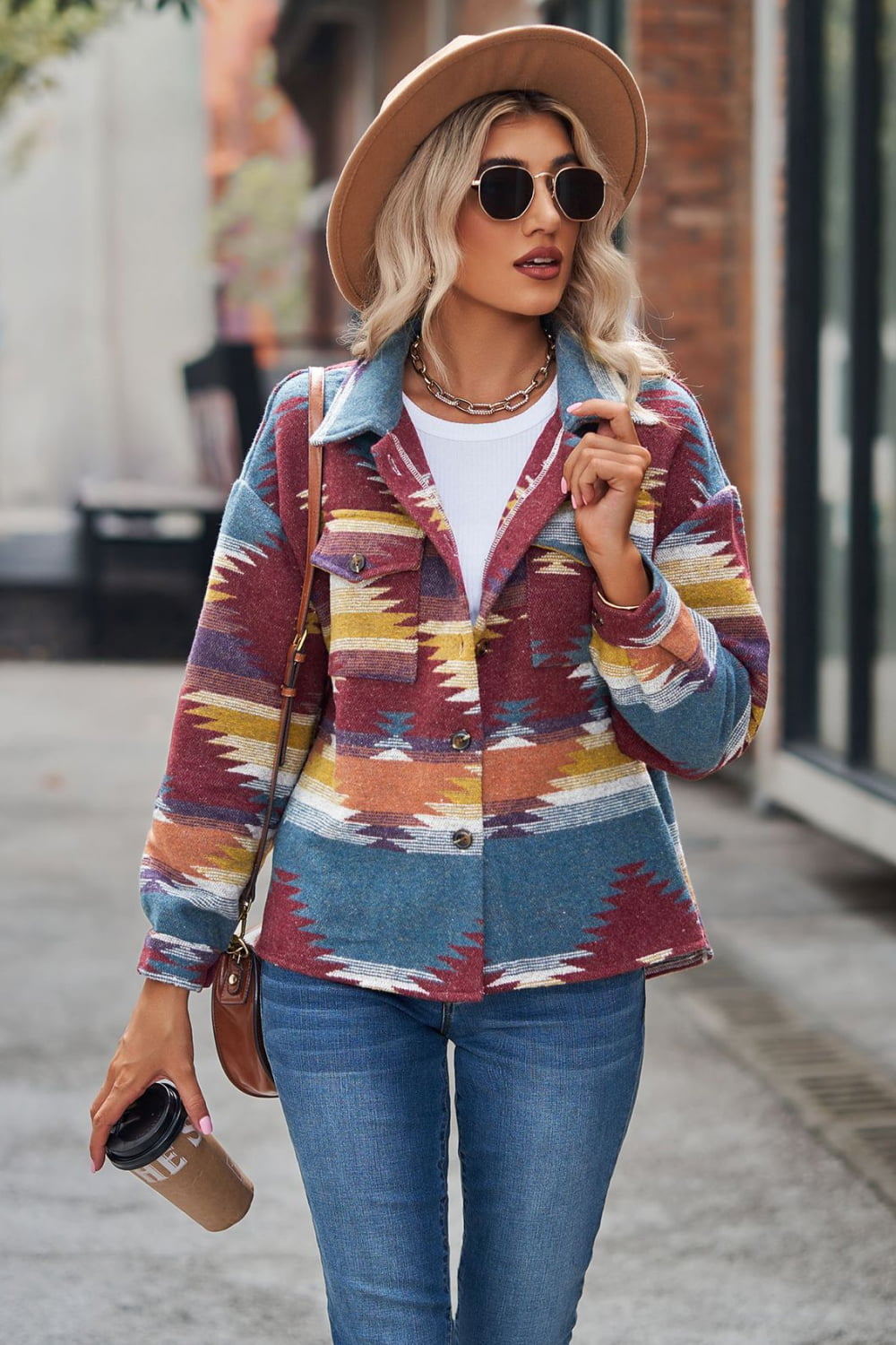Printed Collared Neck Jacket - Aurelia Clothing