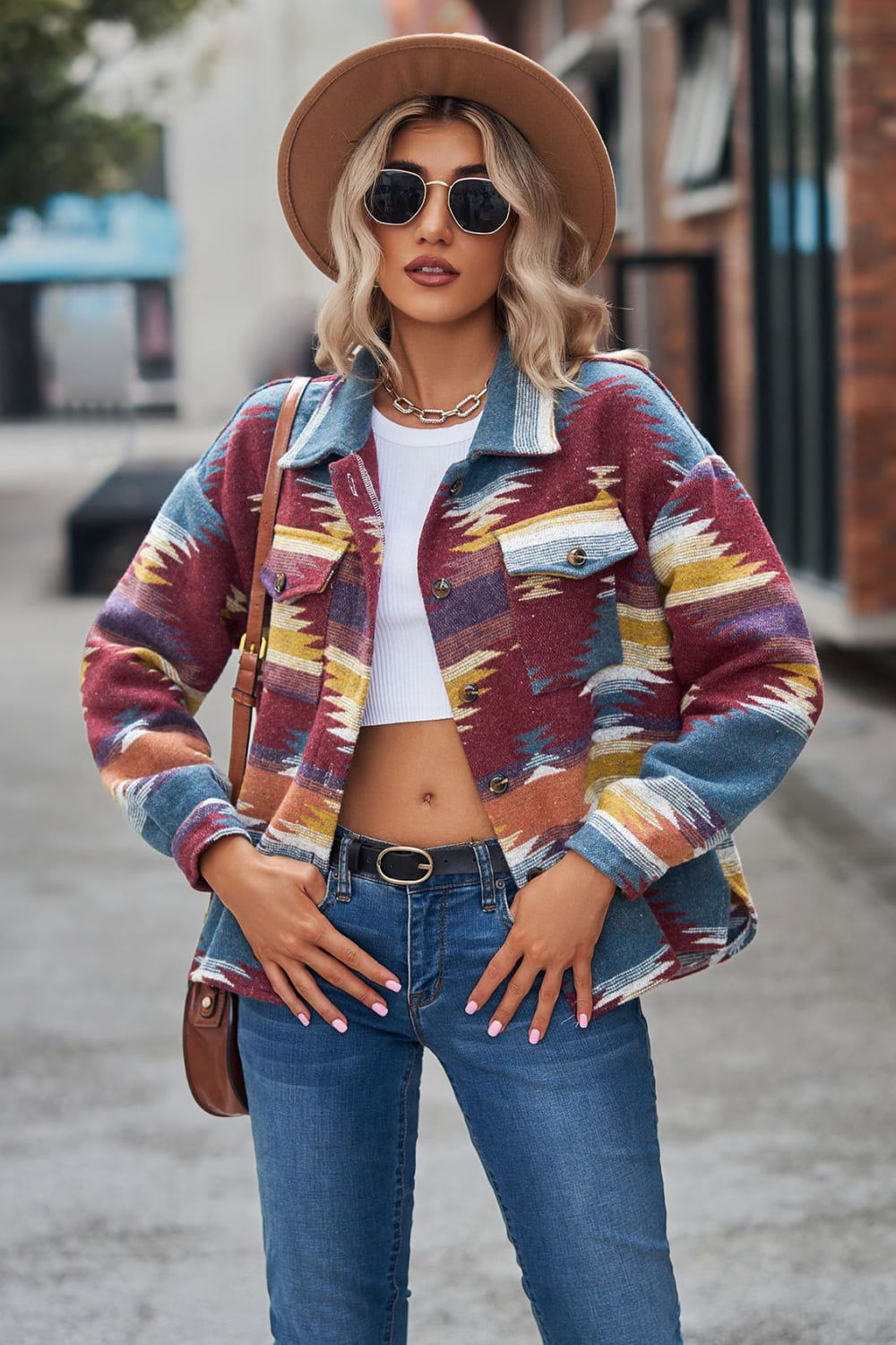 Printed Collared Neck Jacket - Aurelia Clothing