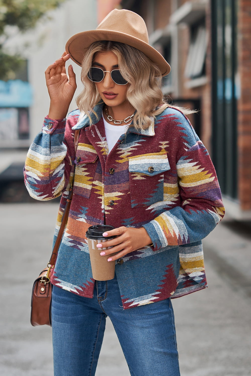 Printed Collared Neck Jacket - Aurelia Clothing