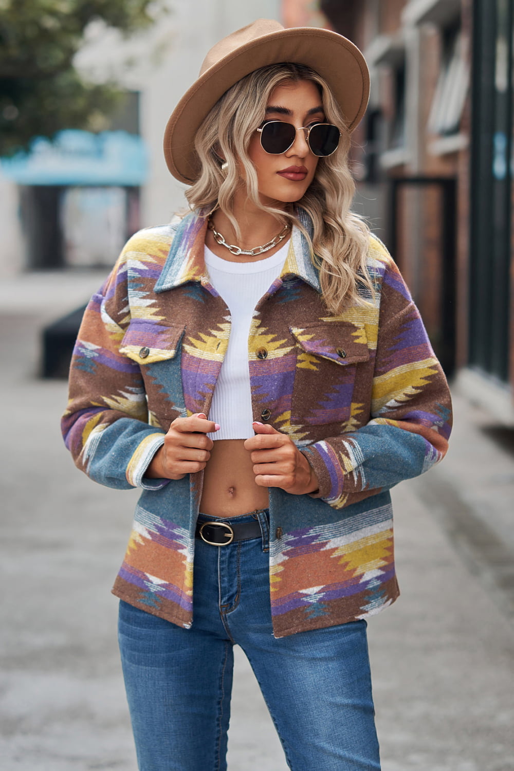 Printed Collared Neck Jacket - Aurelia Clothing
