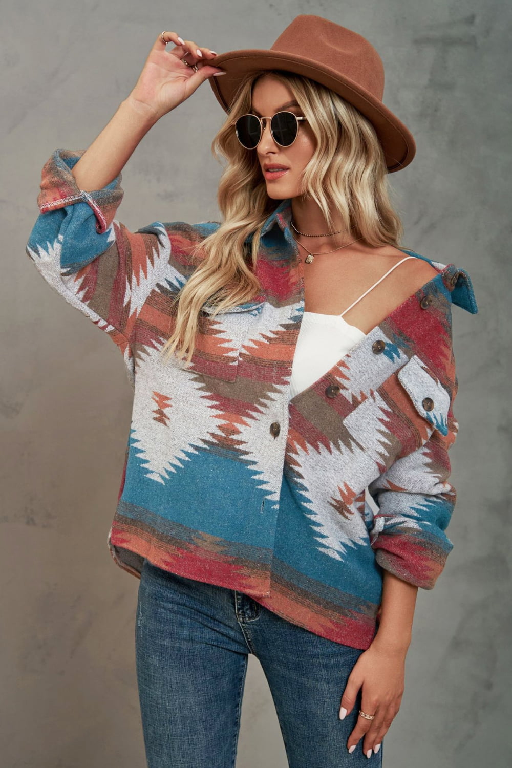 Printed Collared Neck Jacket - Aurelia Clothing