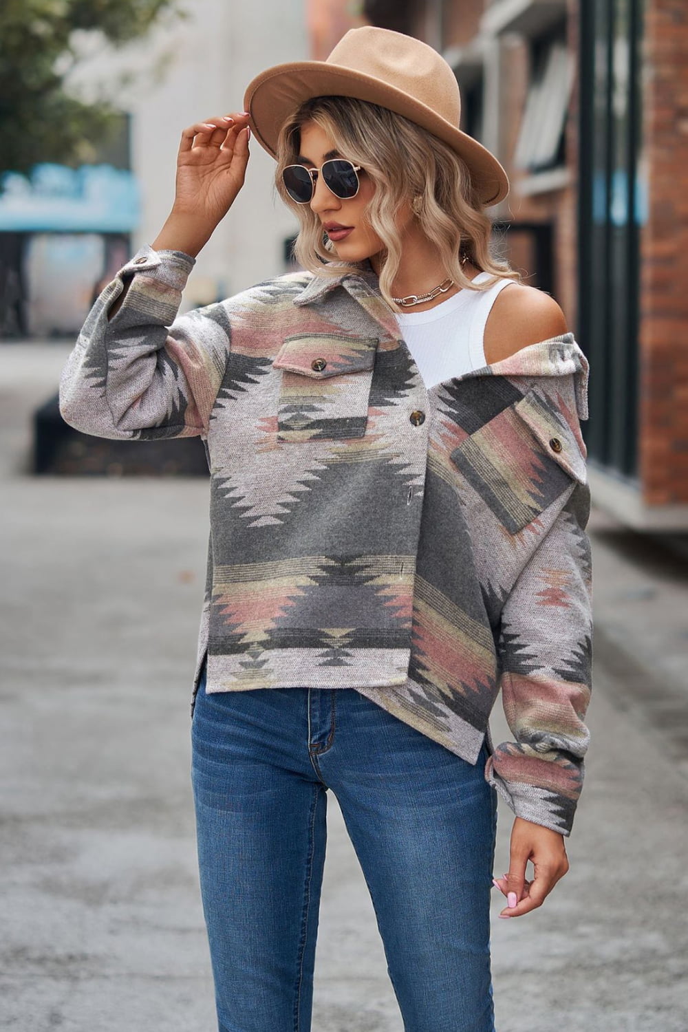 Printed Collared Neck Jacket - Aurelia Clothing