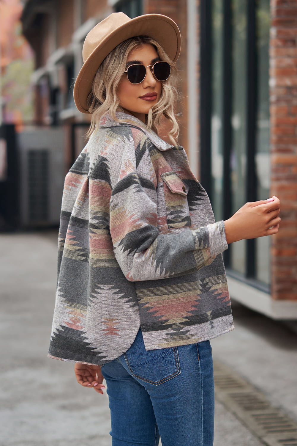 Printed Collared Neck Jacket - Aurelia Clothing