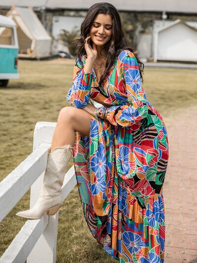 Printed Smocked Tie Neck Balloon Sleeve Maxi Dress - Aurelia Clothing