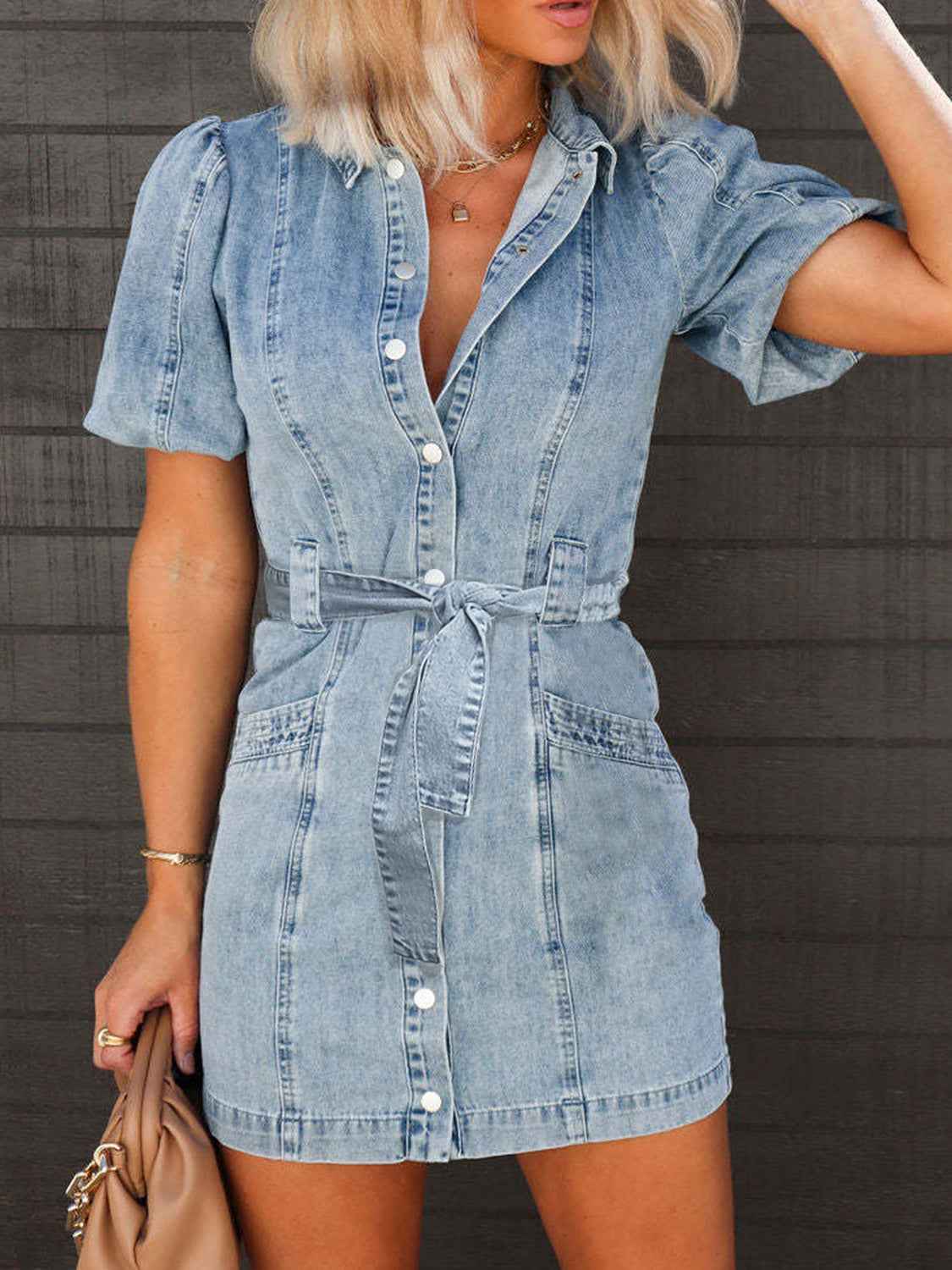 Puff Sleeve Button Up Mini Denim Dress - Aurelia Clothing