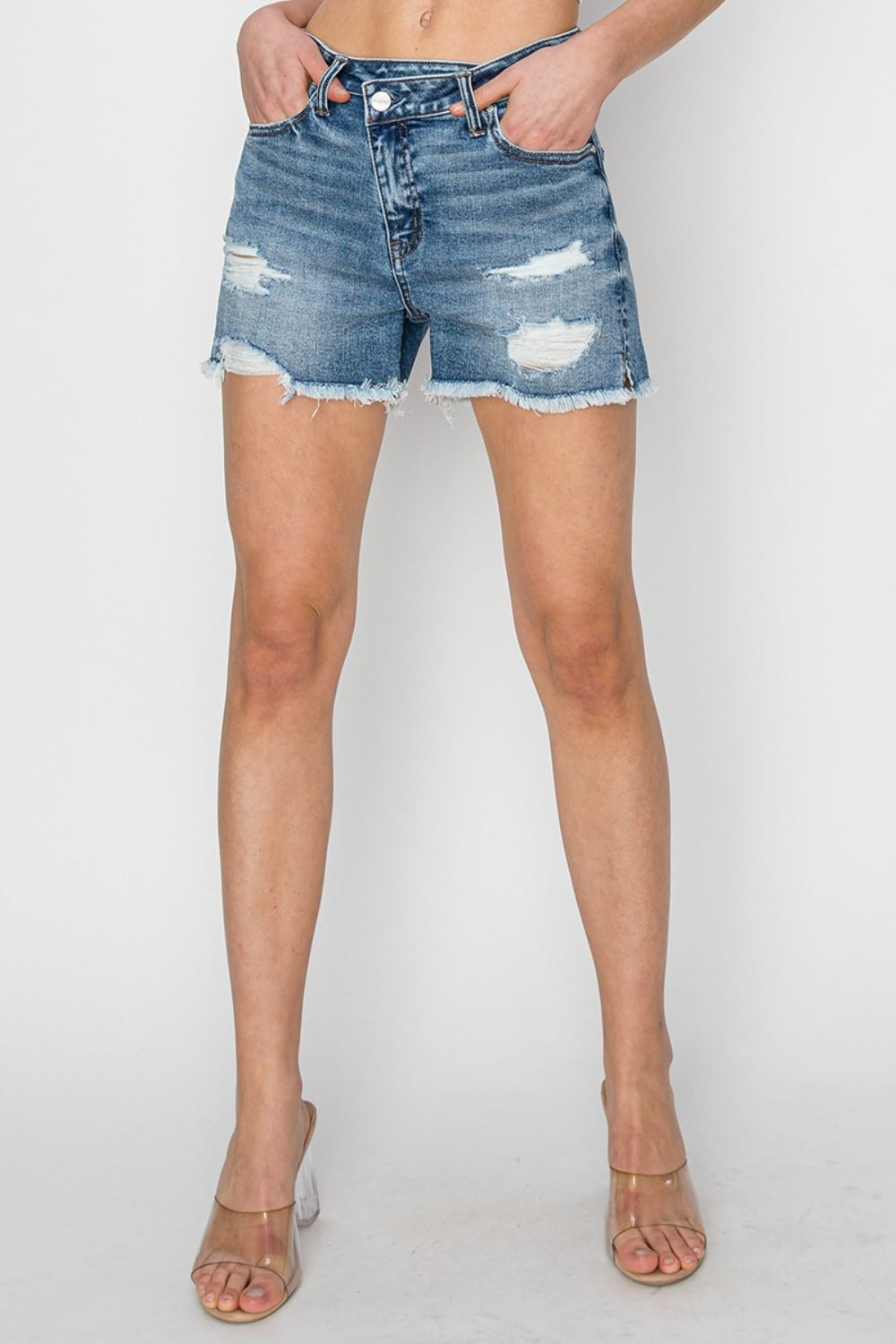 RISEN Stepped Waist Frayed Denim Shorts - Aurelia Clothing