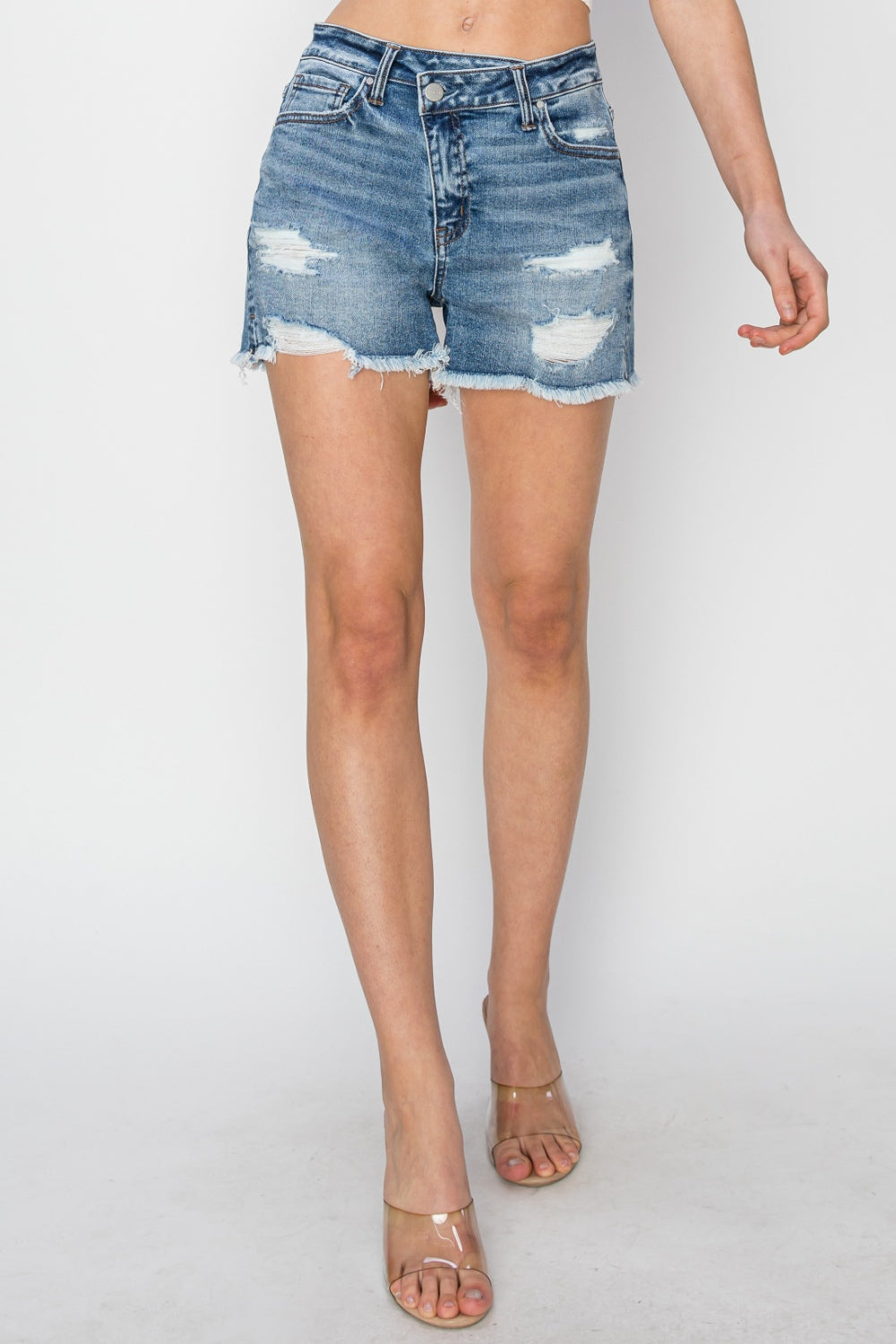 RISEN Stepped Waist Frayed Denim Shorts - Aurelia Clothing