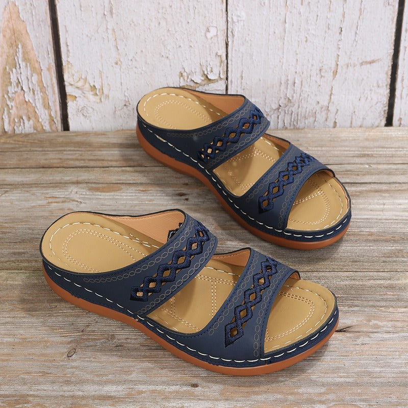 Retro car line anti slip round toe sloping heel comfortable one line sandals for women - Free Shipping - Aurelia Clothing