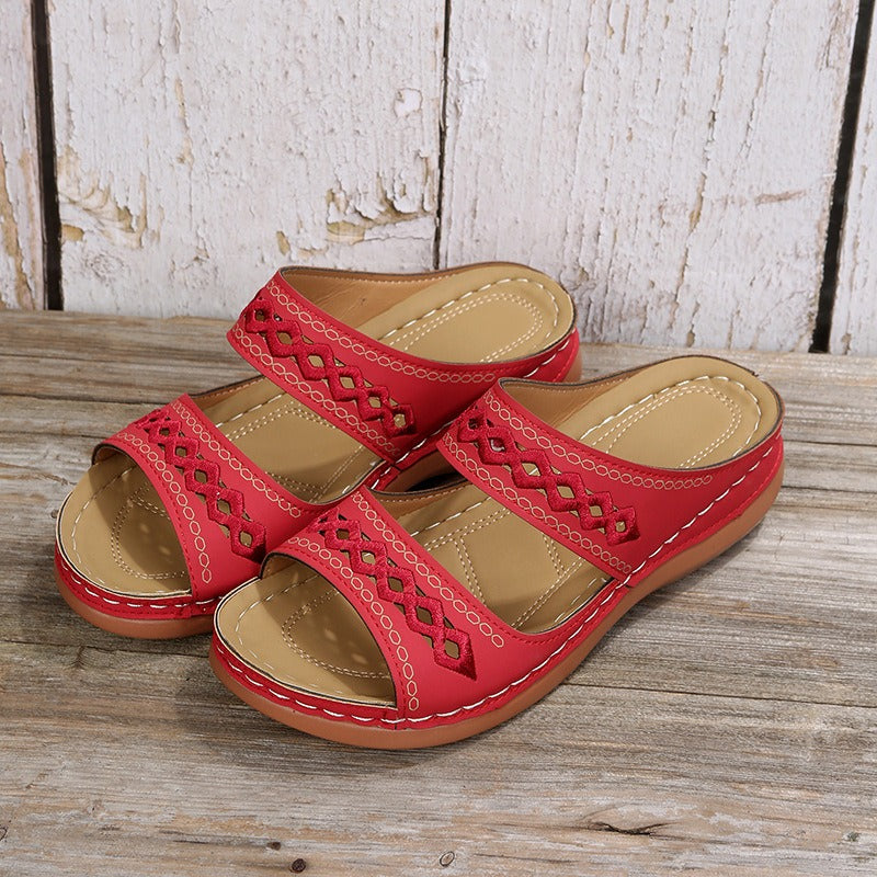 Retro car line anti slip round toe sloping heel comfortable one line sandals for women - Free Shipping - Aurelia Clothing