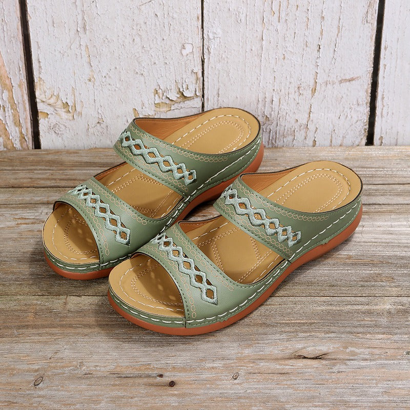 Retro car line anti slip round toe sloping heel comfortable one line sandals for women - Free Shipping - Aurelia Clothing