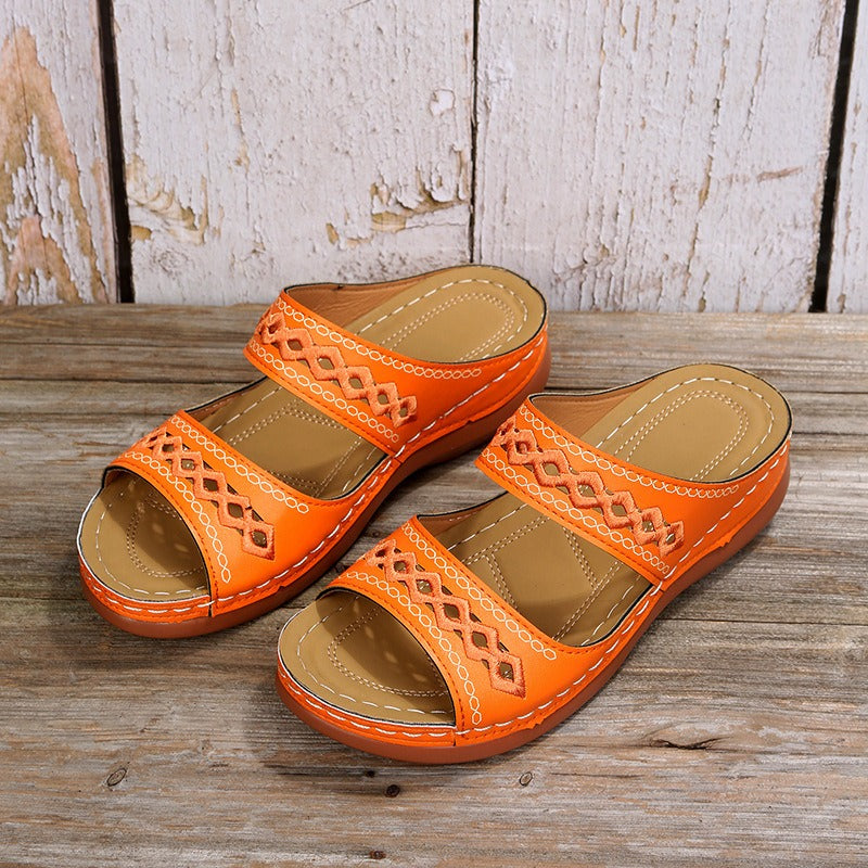 Retro car line anti slip round toe sloping heel comfortable one line sandals for women - Free Shipping - Aurelia Clothing
