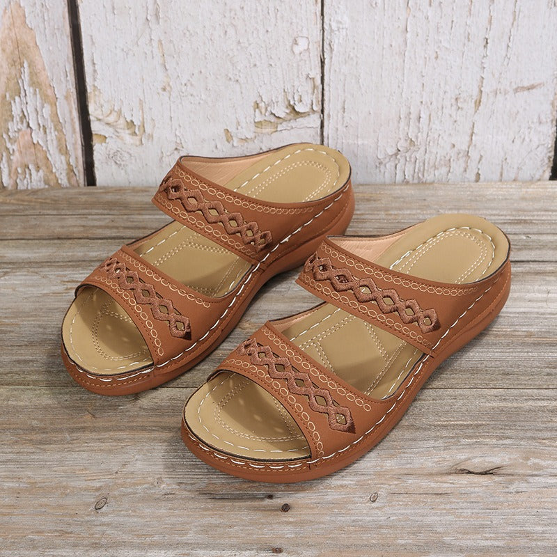 Retro car line anti slip round toe sloping heel comfortable one line sandals for women - Free Shipping - Aurelia Clothing