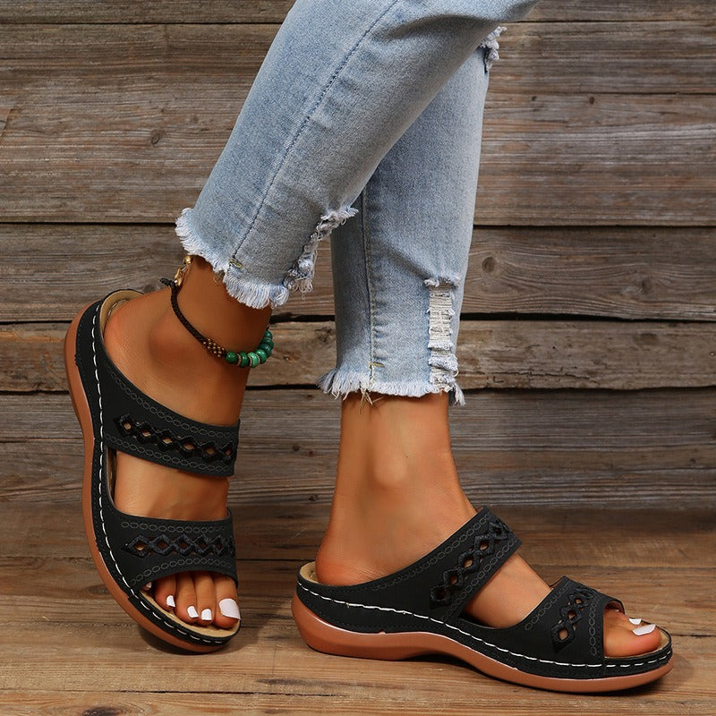 Retro car line anti slip round toe sloping heel comfortable one line sandals for women - Free Shipping - Aurelia Clothing