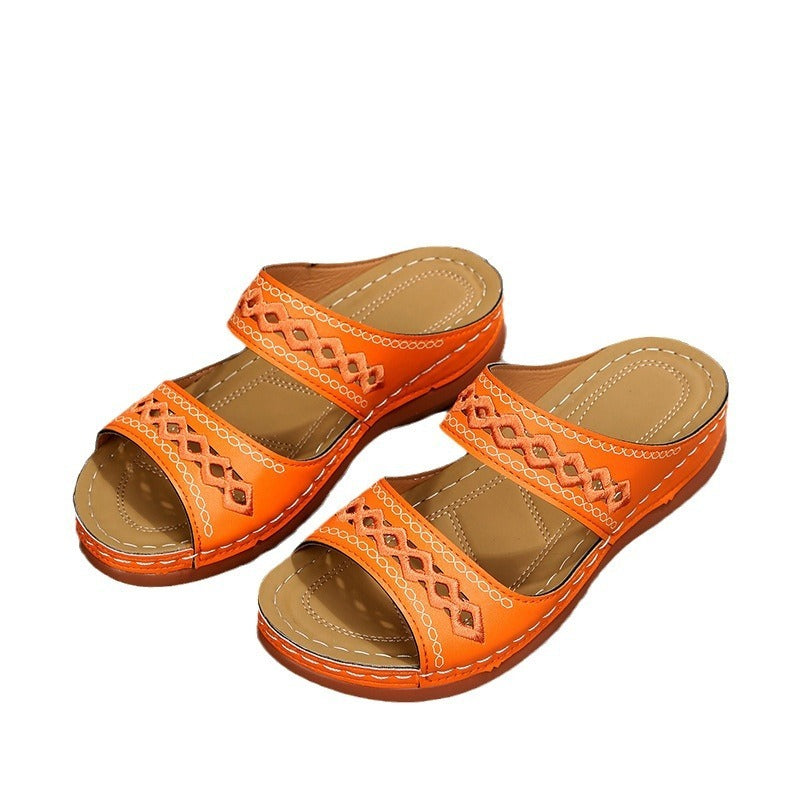 Retro car line anti slip round toe sloping heel comfortable one line sandals for women - Free Shipping - Aurelia Clothing