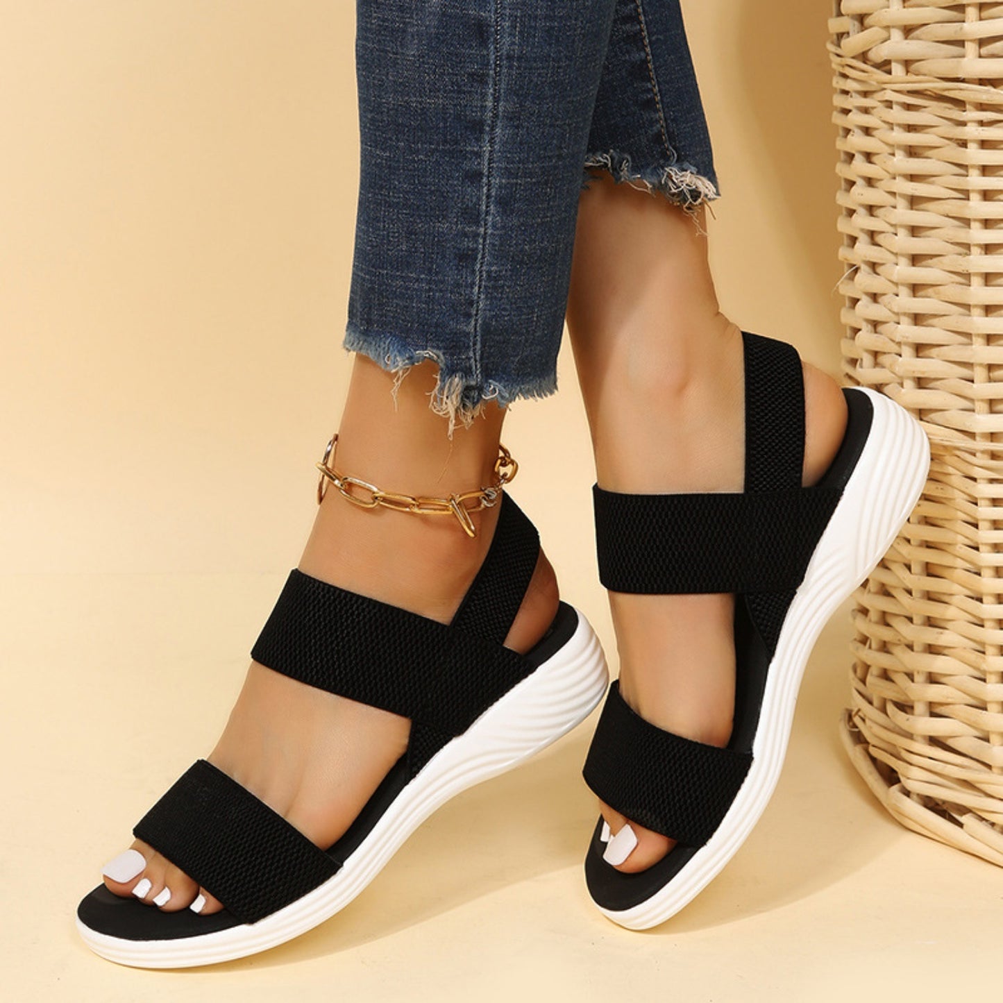 Rubber Open Toe Low Heel Sandals - Aurelia Clothing