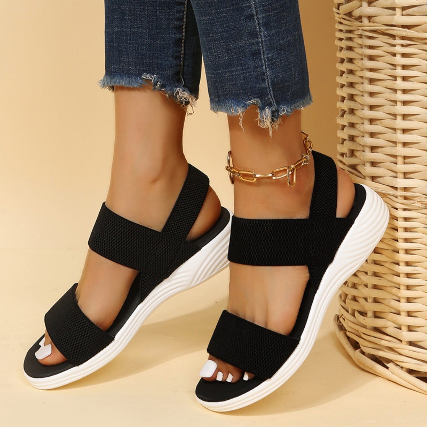 Rubber Open Toe Low Heel Sandals - Aurelia Clothing
