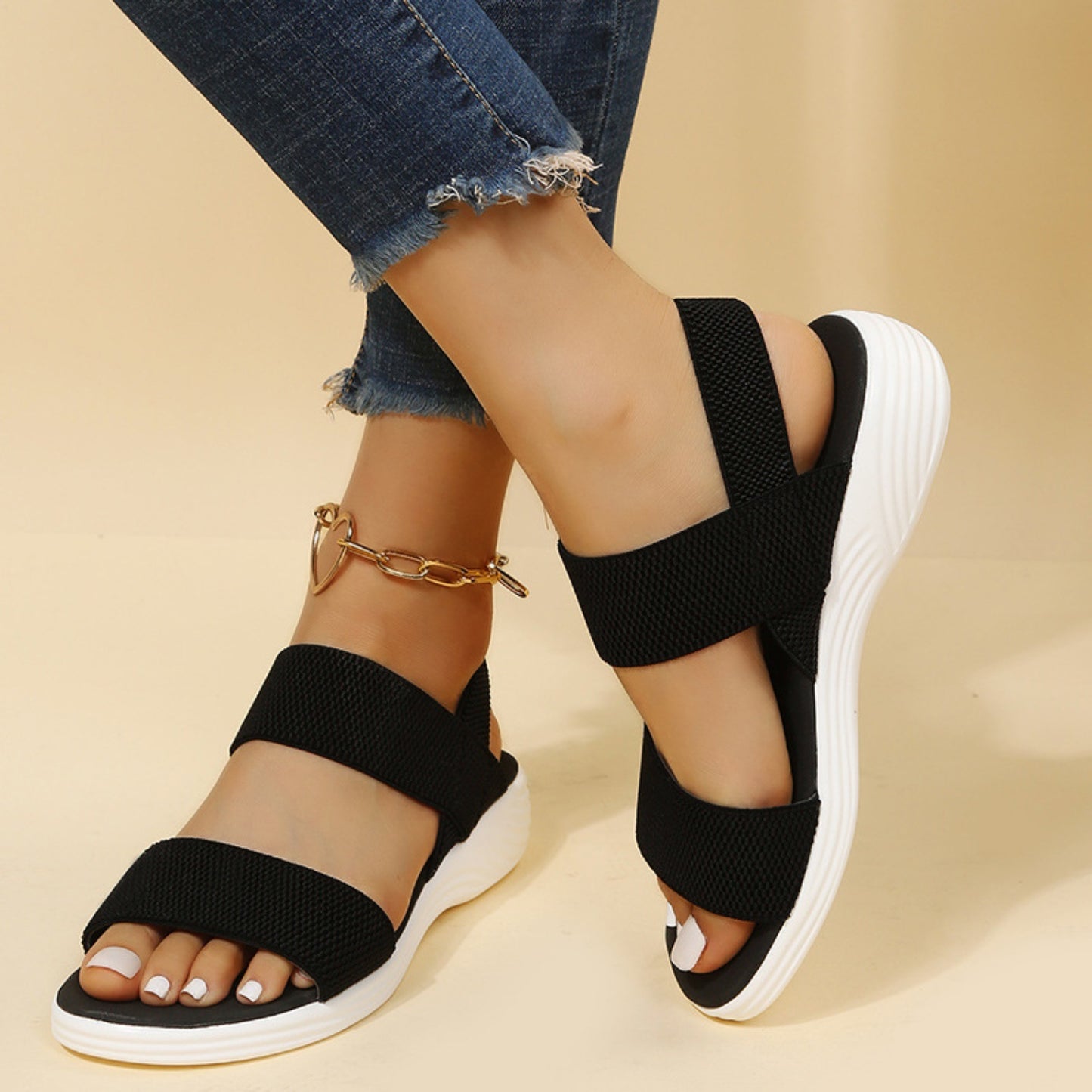 Rubber Open Toe Low Heel Sandals - Aurelia Clothing