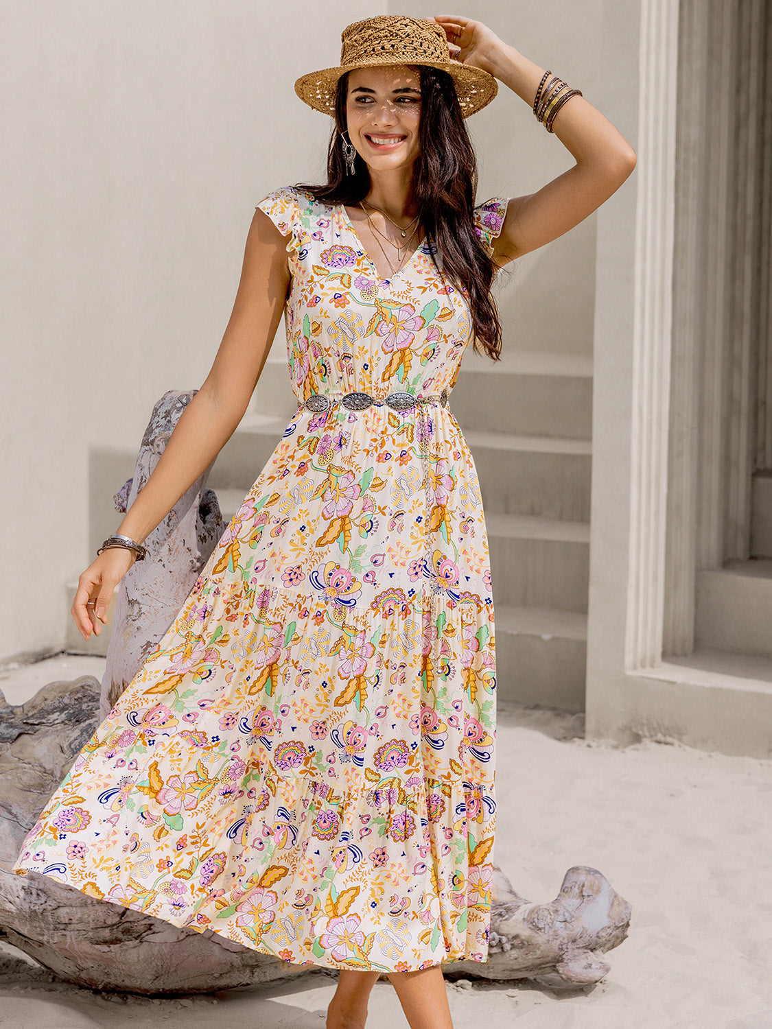 Ruched Printed Cap Sleeve Midi Dress - Aurelia Clothing