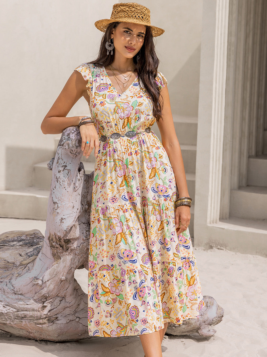 Ruched Printed Cap Sleeve Midi Dress - Aurelia Clothing
