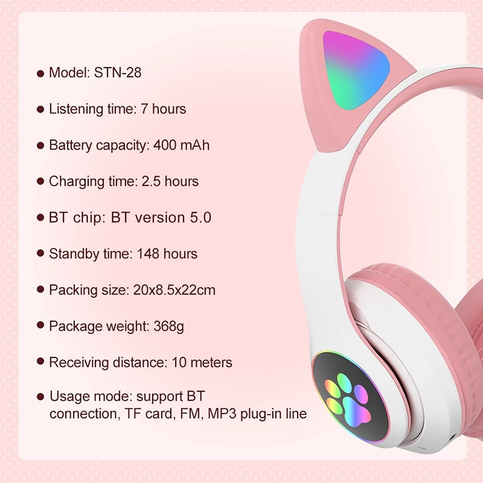 STN-28 Over Ear Music Headset Glowing Cat Ear Headphones Foldable Wireless BT5.0 Earphone with Mic LED Lights for PC Phone - Free Shipping - Aurelia Clothing