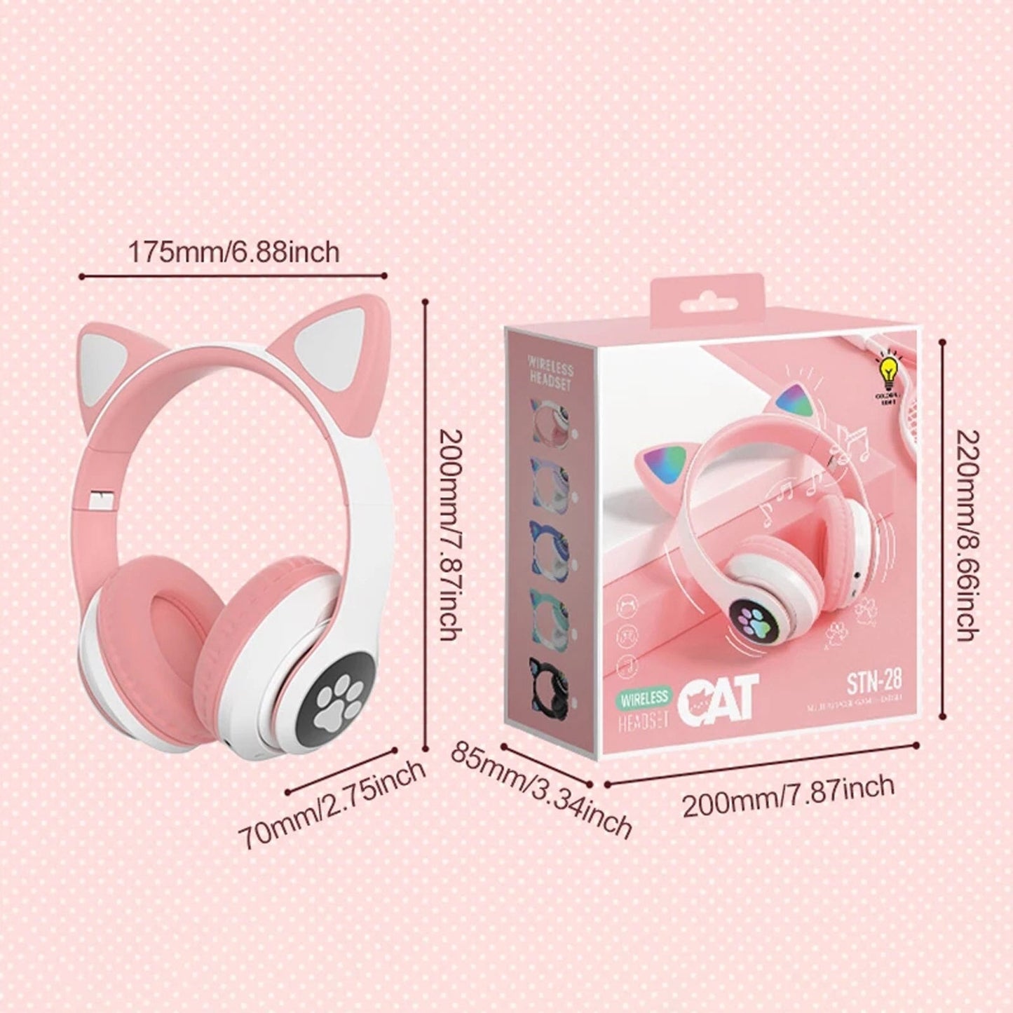 STN-28 Over Ear Music Headset Glowing Cat Ear Headphones Foldable Wireless BT5.0 Earphone with Mic LED Lights for PC Phone - Free Shipping - Aurelia Clothing