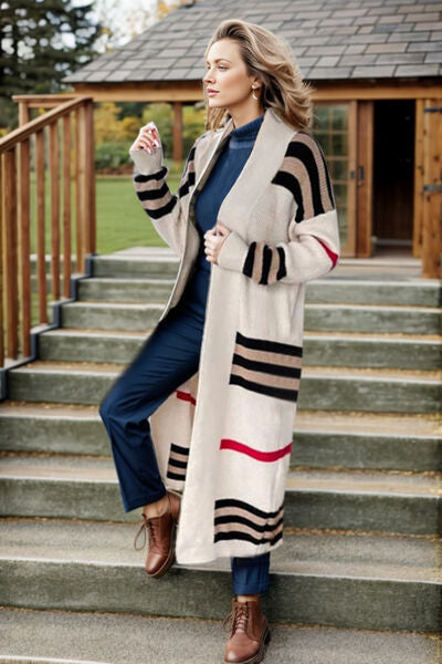 Striped Open Front Long Sleeve Longline Sweater Cardigan - Aurelia Clothing