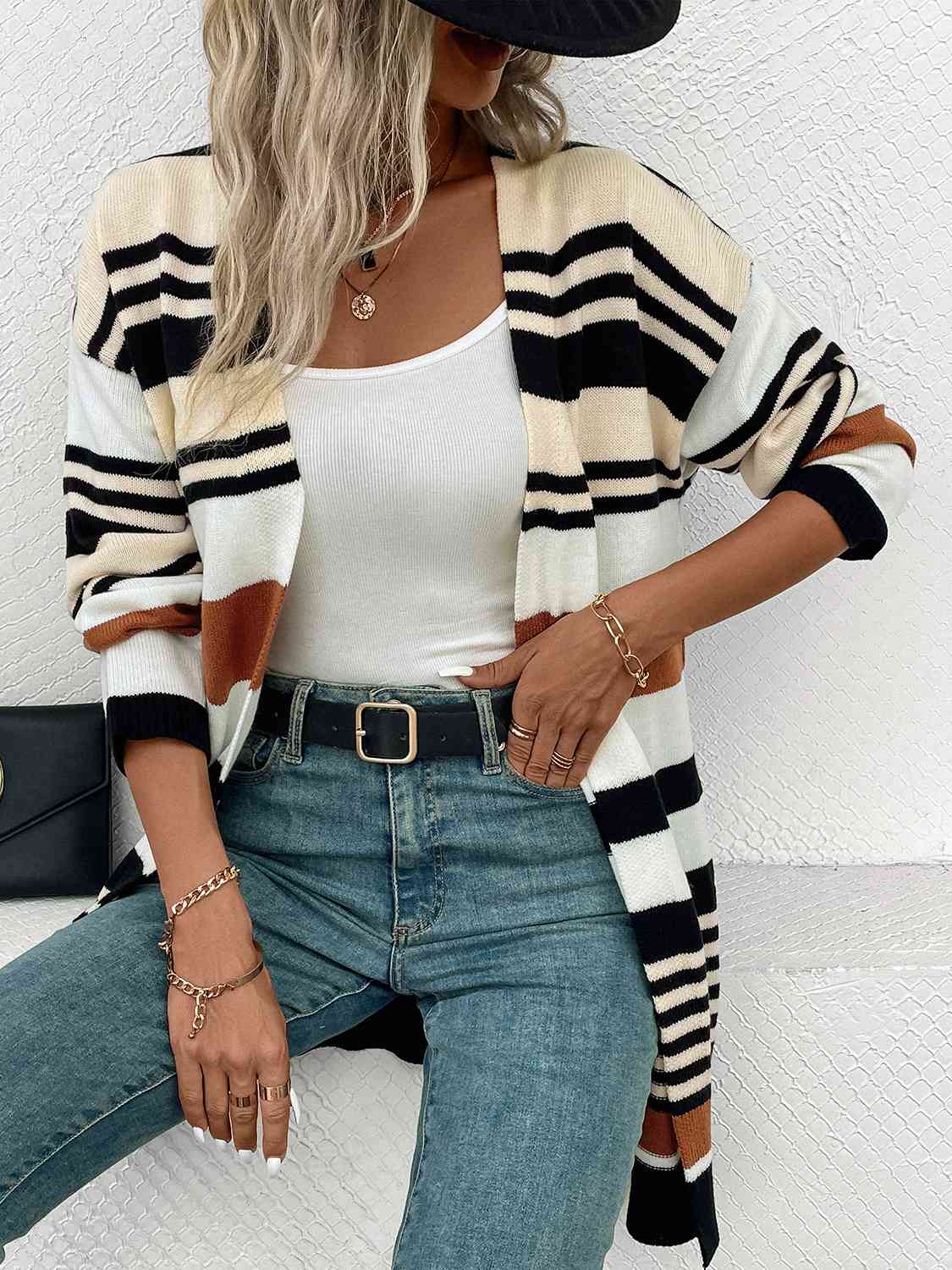 Striped Open Front Drop Shoulder Cardigan - Free Shipping - Aurelia Clothing