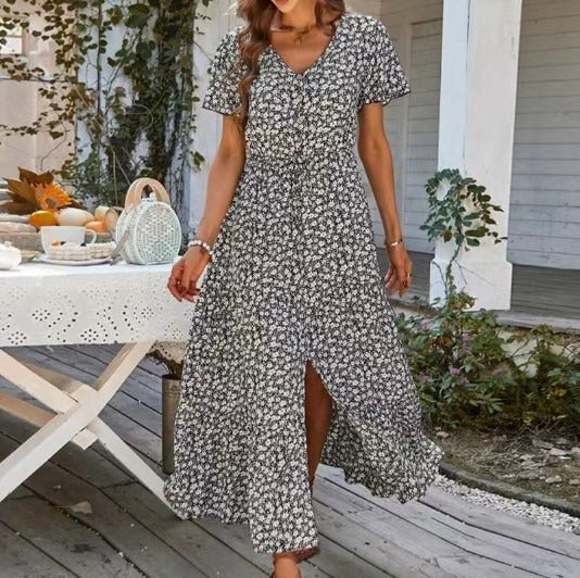 Summer drawstring slit holiday dress long dress - Free Shipping - Aurelia Clothing