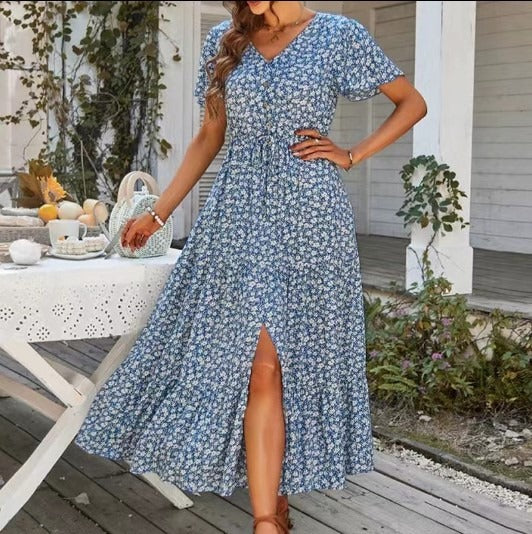 Summer drawstring slit holiday dress long dress - Free Shipping - Aurelia Clothing