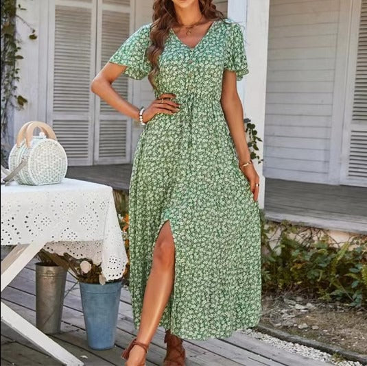 Summer drawstring slit holiday dress long dress - Free Shipping - Aurelia Clothing