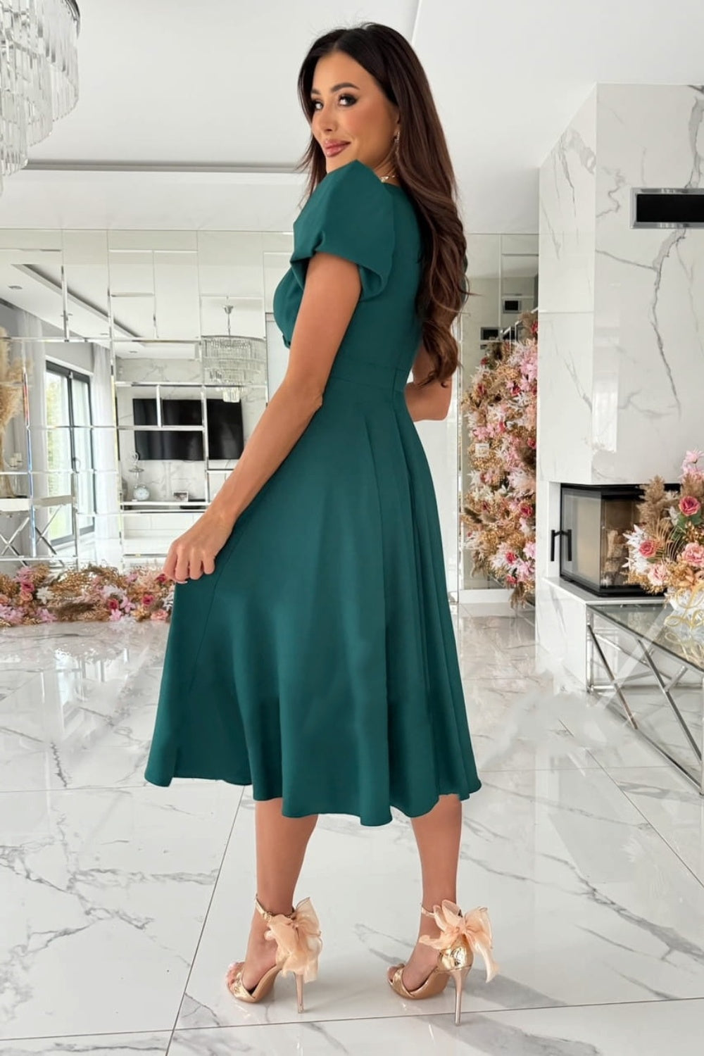 Surplice Puff Sleeve Midi Dress - Aurelia Clothing