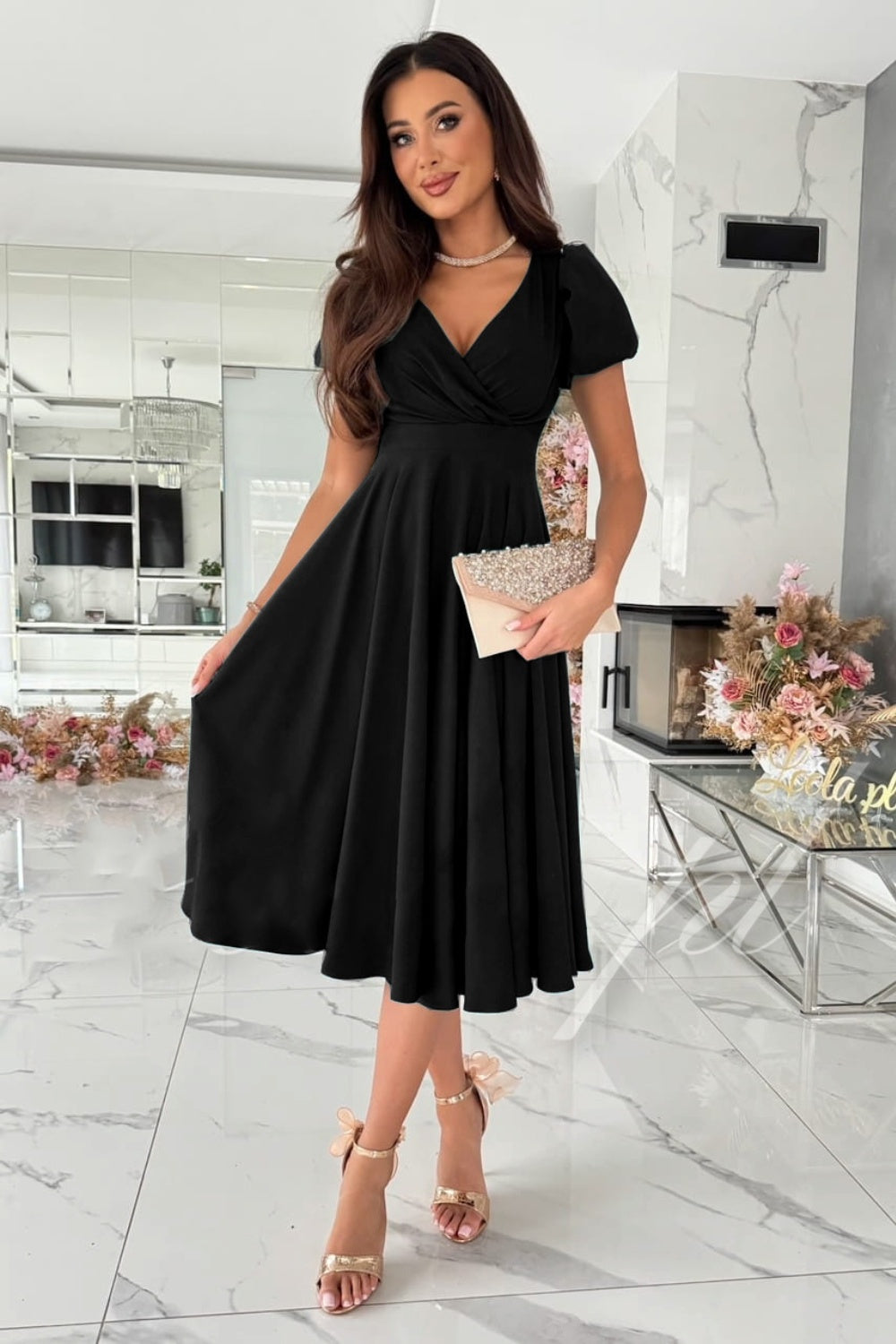 Surplice Puff Sleeve Midi Dress - Aurelia Clothing