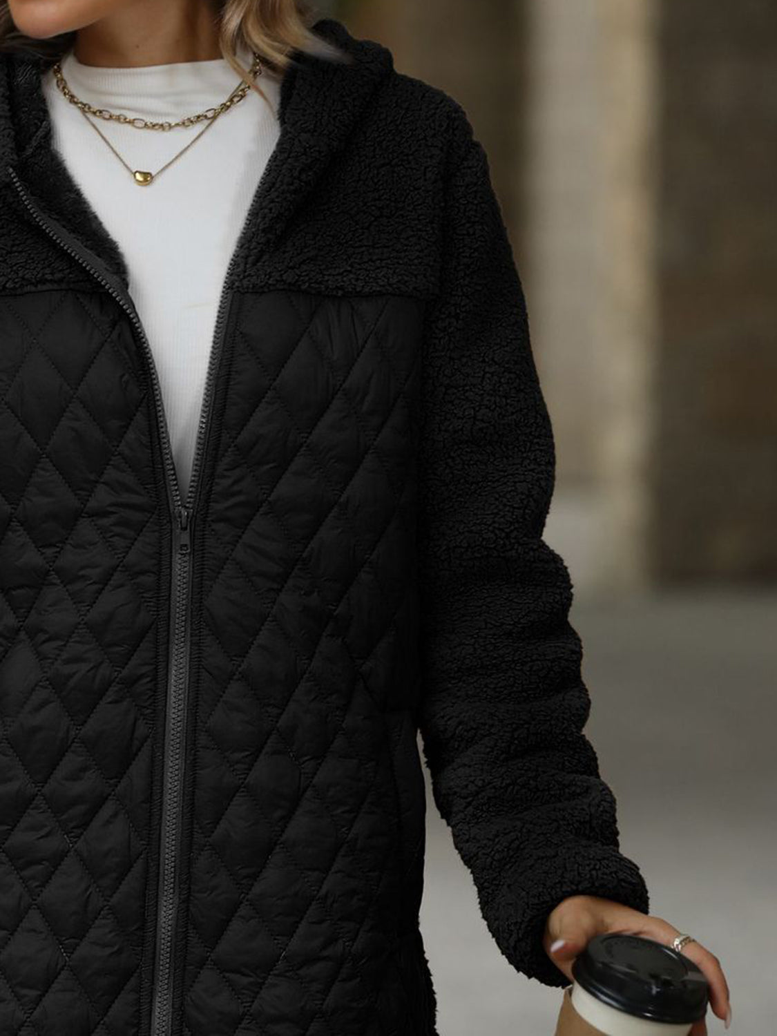 Texture Zip Up Long Sleeve Hooded Coat - Aurelia Clothing