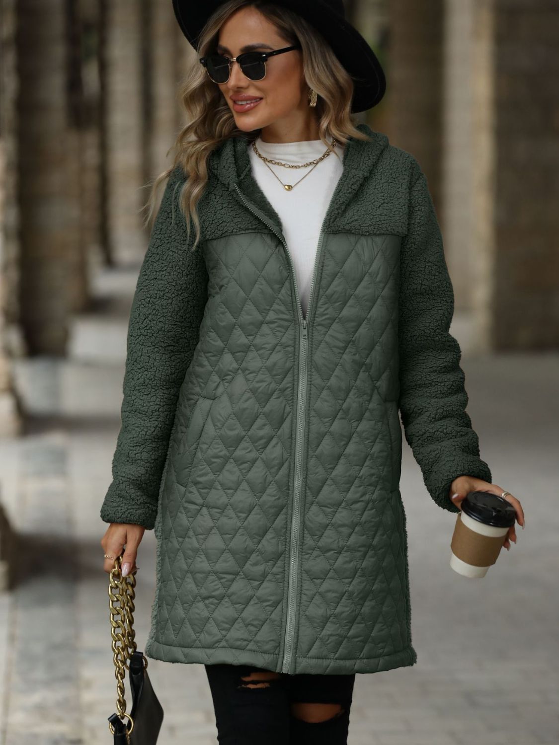 Texture Zip Up Long Sleeve Hooded Coat - Aurelia Clothing