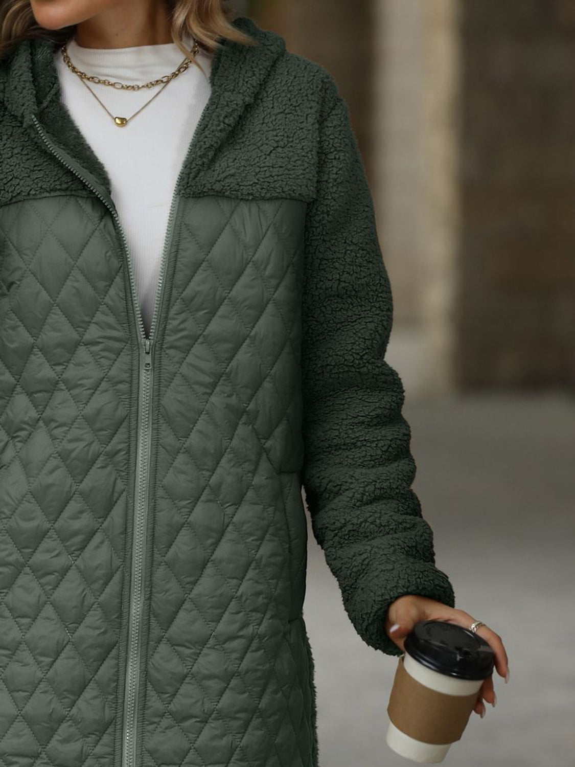 Texture Zip Up Long Sleeve Hooded Coat - Aurelia Clothing