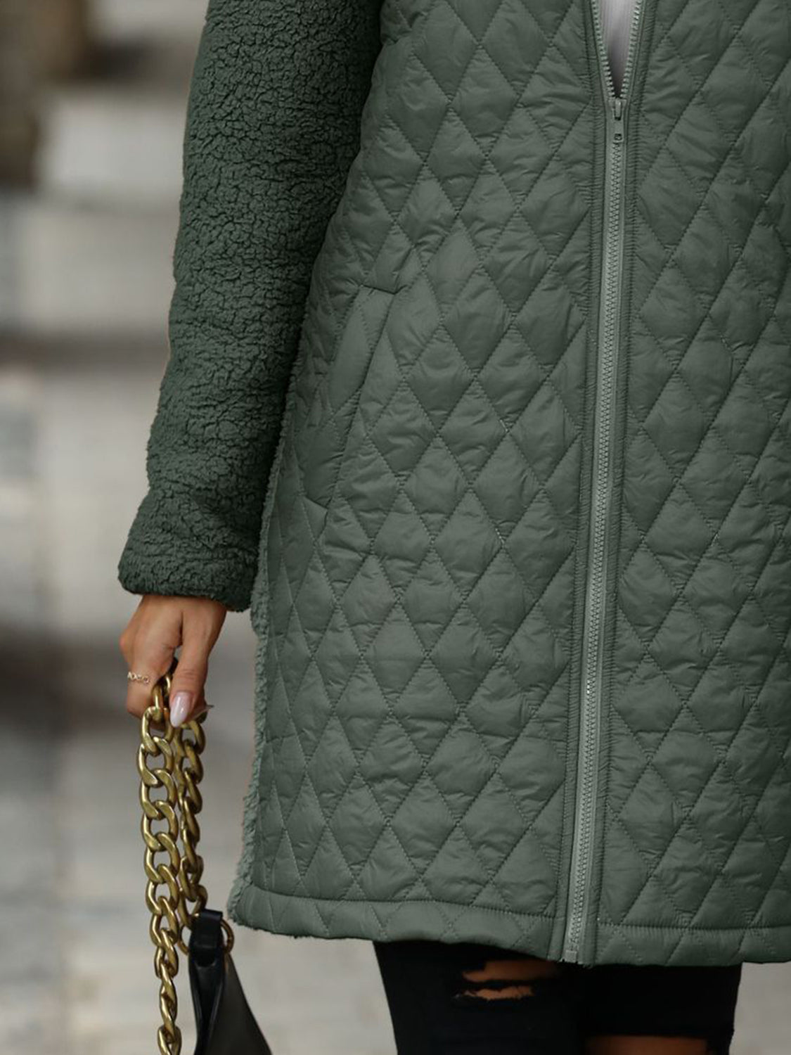 Texture Zip Up Long Sleeve Hooded Coat - Aurelia Clothing