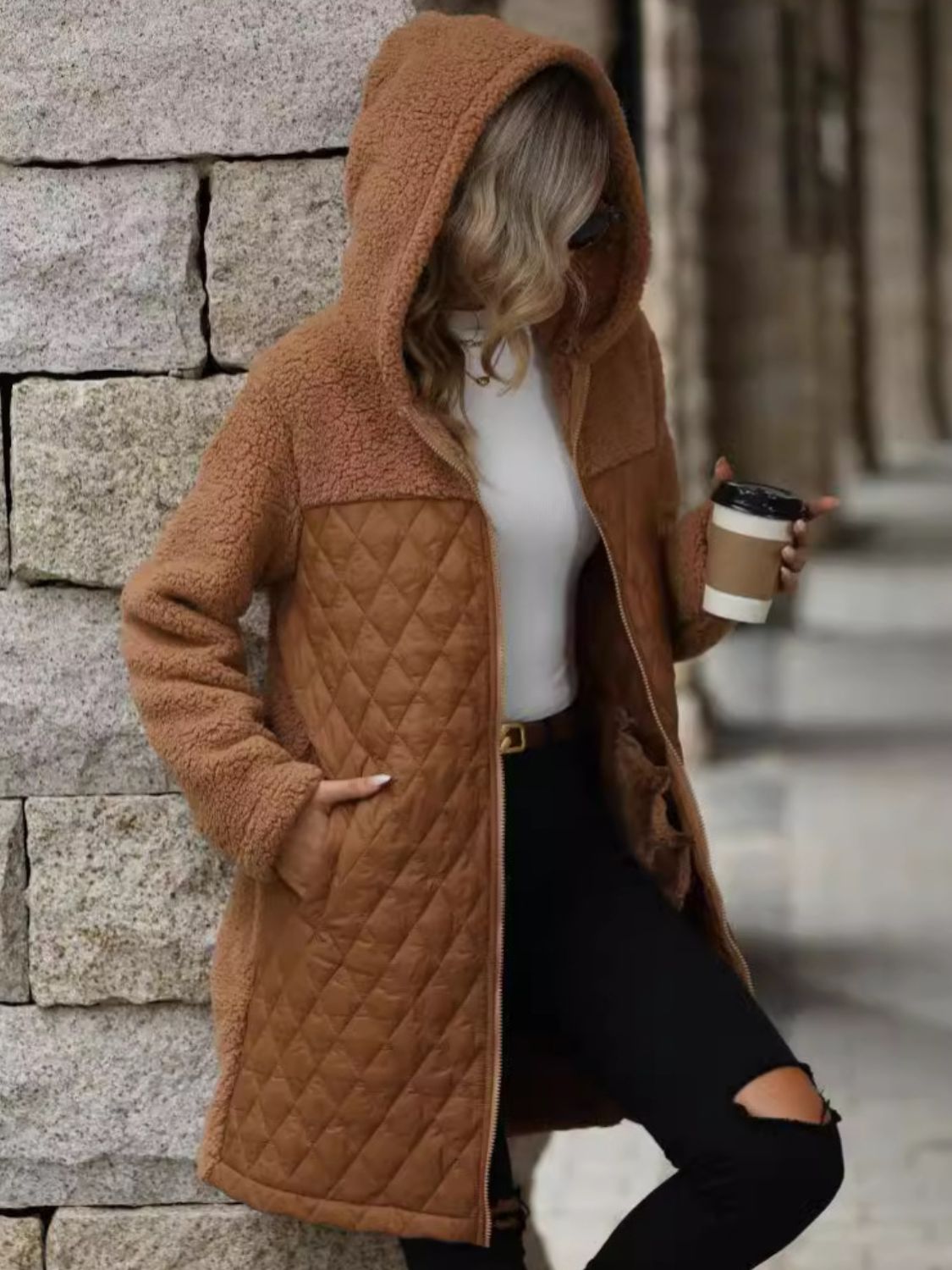 Texture Zip Up Long Sleeve Hooded Coat - Aurelia Clothing